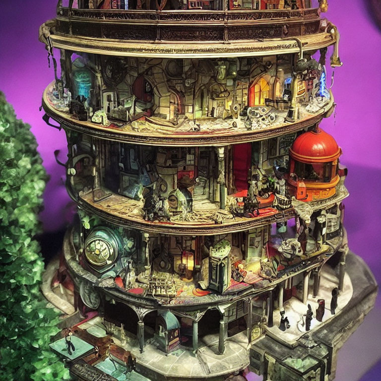 Detailed Miniature Building with Multiple Figures on Purple Background