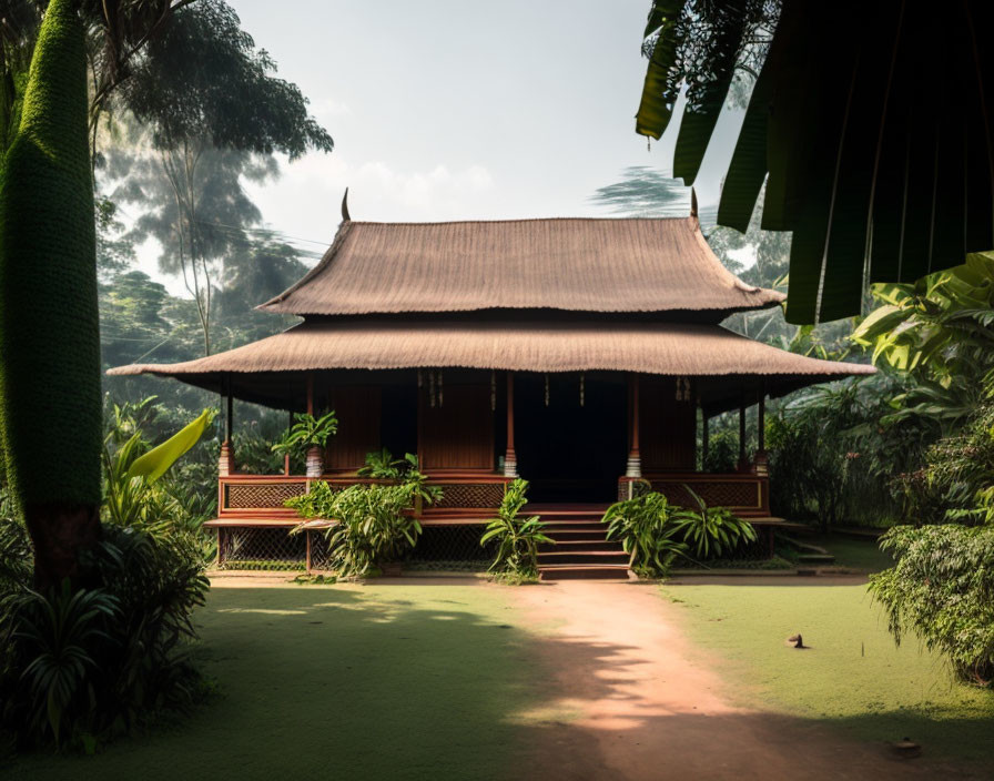 Traditional High-Pitched Roof Wooden House in Greenery with Duckweed Pond