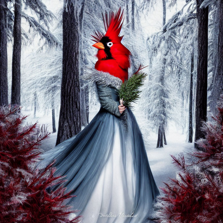 Surreal image: person in gray dress with pine branch, snow forest backdrop, red cardinal head