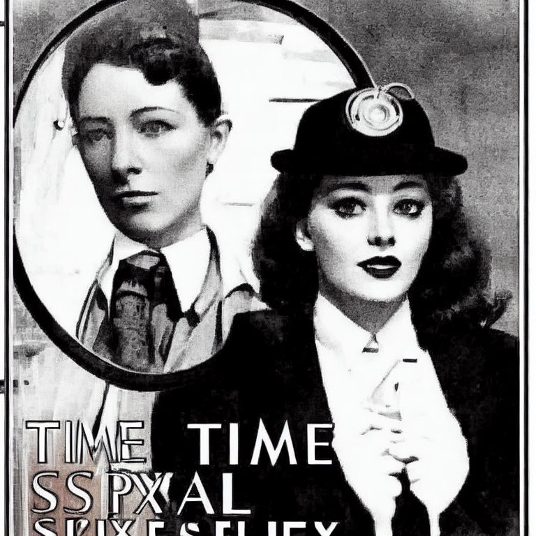 Vintage-style black and white poster with two women in suit and hat, bold "TIME" and 