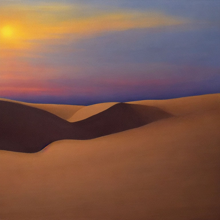 Sunset sky over softly lit sand dunes with warm orange to cool blue and purple hues