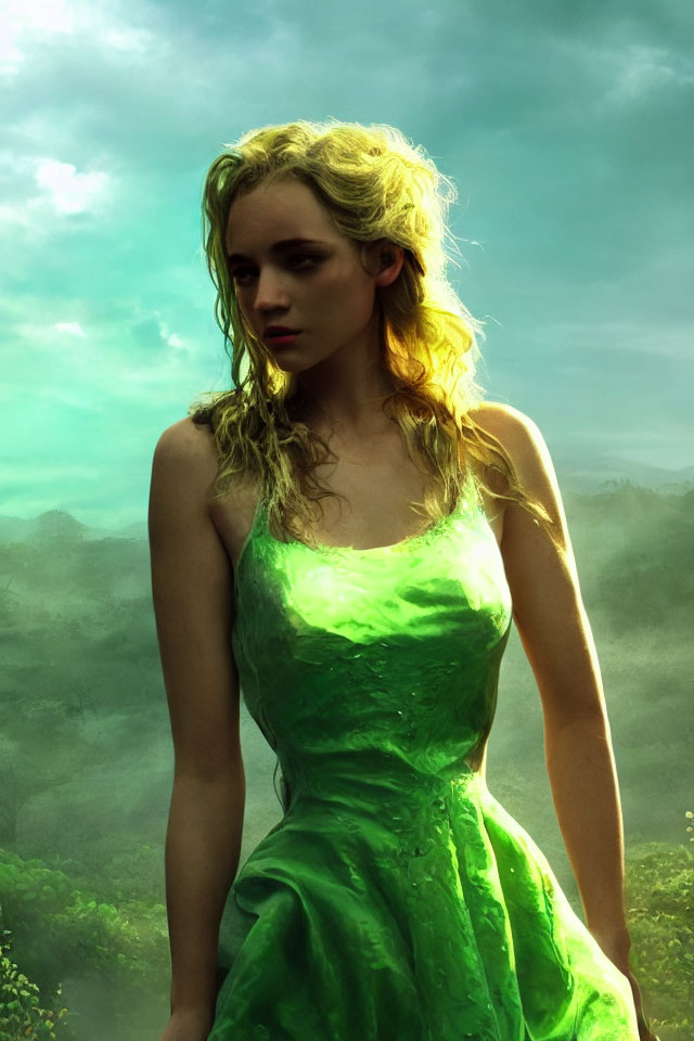 Woman in Vibrant Green Dress Standing in Misty Forest Backdrop