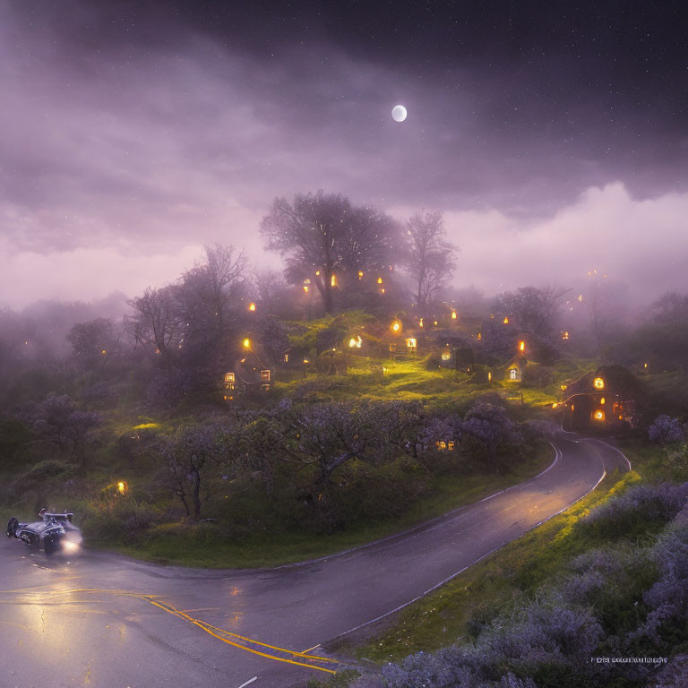 Nighttime scene with car headlights on winding road and hillside lamps under moonlit sky