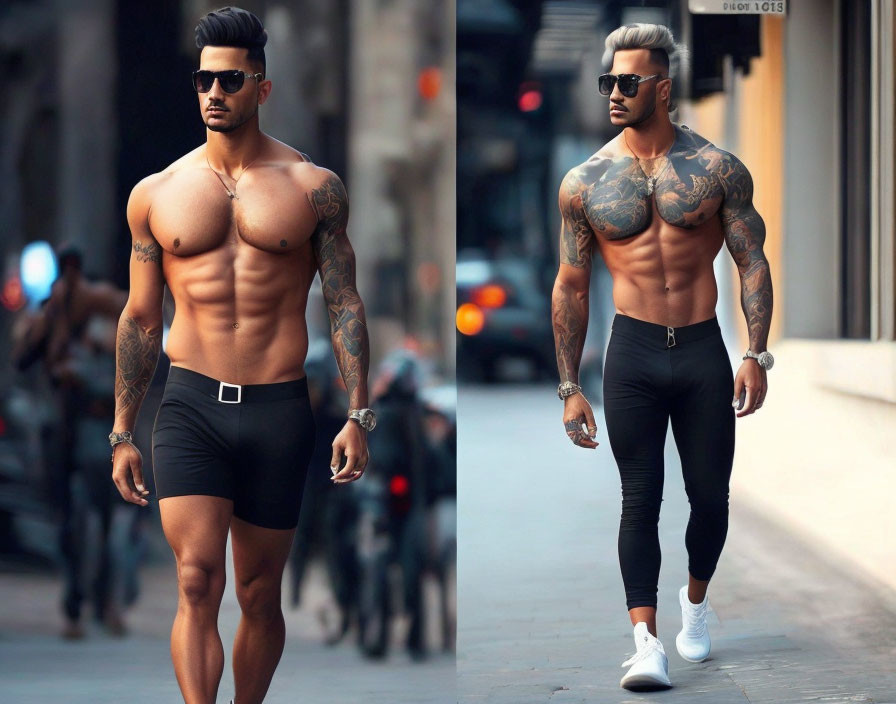 Muscular man with tattoos in tight black clothes and sunglasses walking on city street