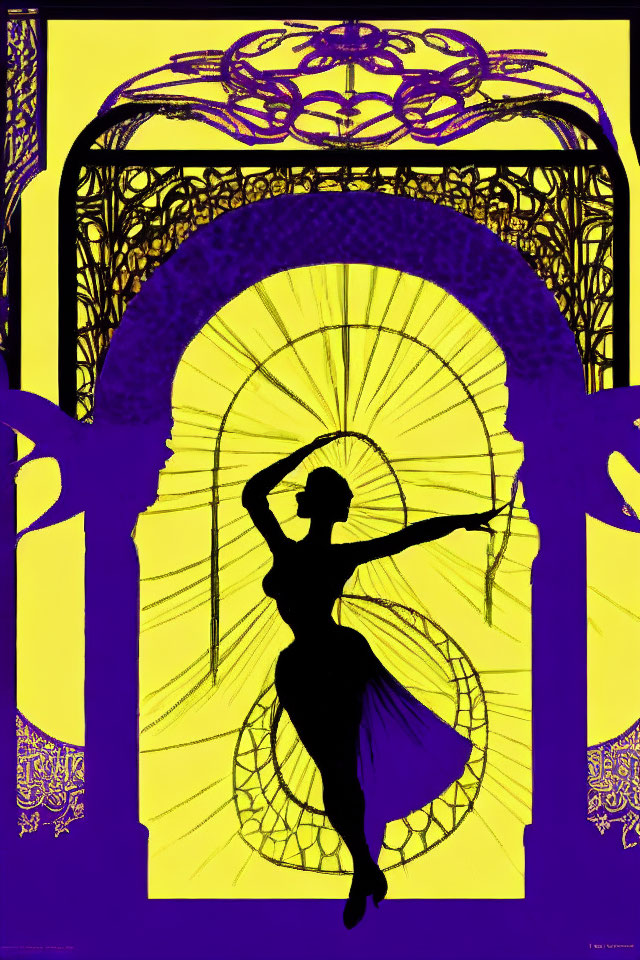 Silhouette dancer with fan on yellow and purple art nouveau background