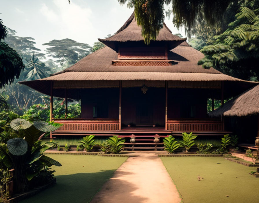 Traditional wooden house with thatched roof in lush green setting