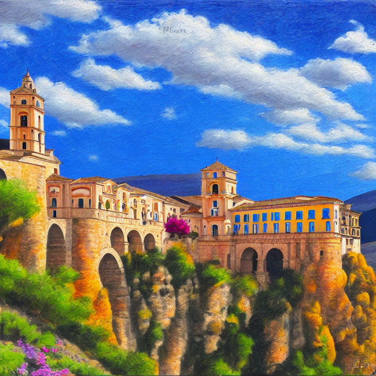 Historic building with bell tower and arch bridge in vibrant painting