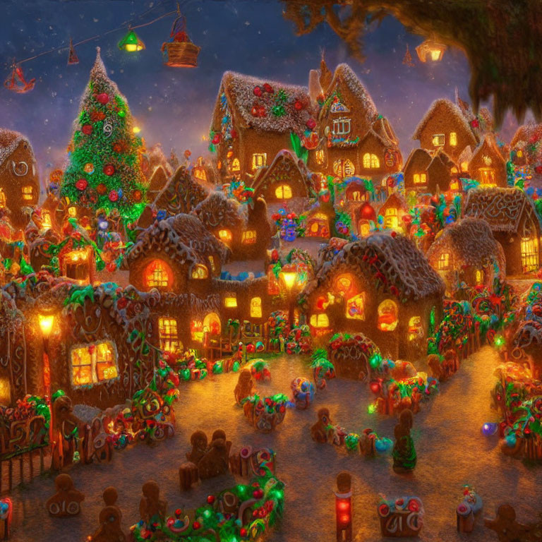 Festive Christmas village with gingerbread houses and twinkling lights