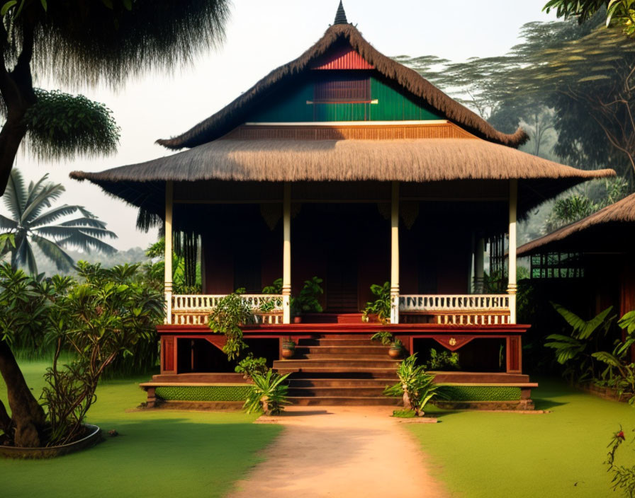 Thatched Roof Asian Wooden House in Green Setting at Dusk