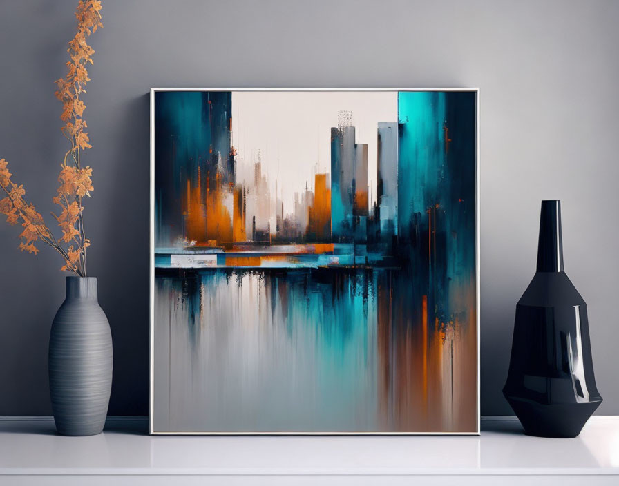 Abstract cityscape painting in blue and orange tones on canvas with vases and plant.