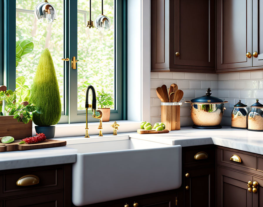 Brown cabinets, white sink, gold fixtures in modern kitchen with greenery and natural light