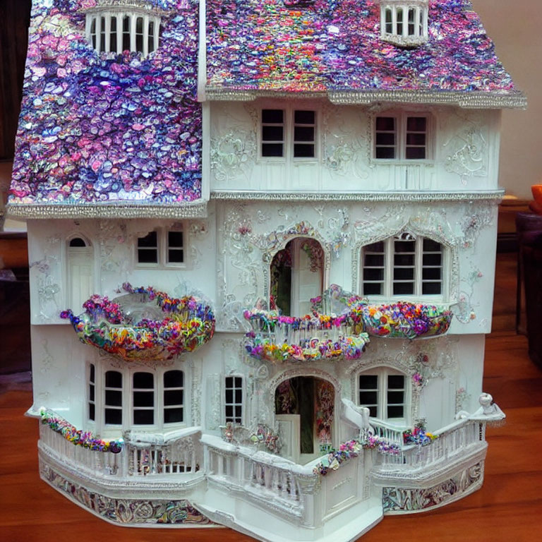 Detailed White Dollhouse with Colorful Flower-Patterned Roof