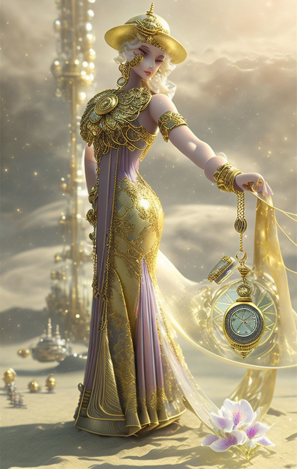 Fantastical female figure in gold and purple gown with pocket watch, whimsical tower and blooming