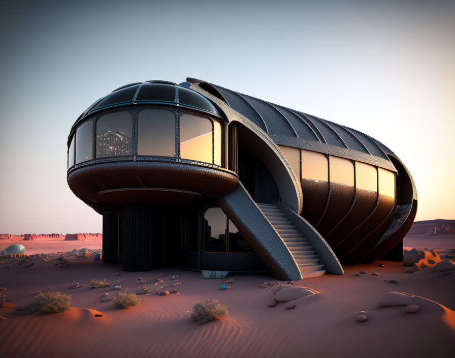 Dome-shaped metallic house with large windows in desert sunset