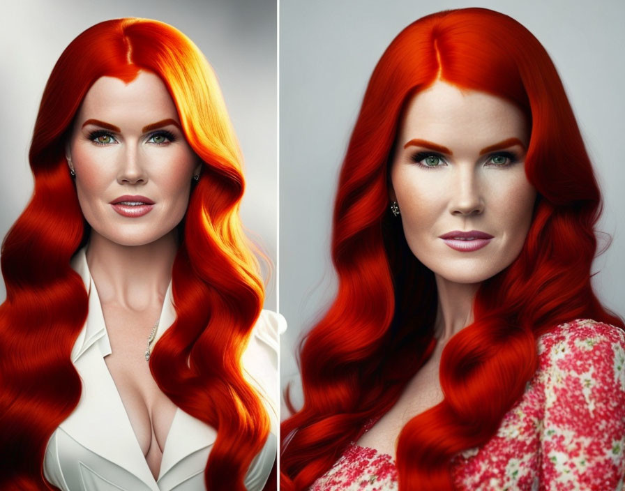 Portraits of woman with long red hair, fair skin, and green eyes in white and floral outfits