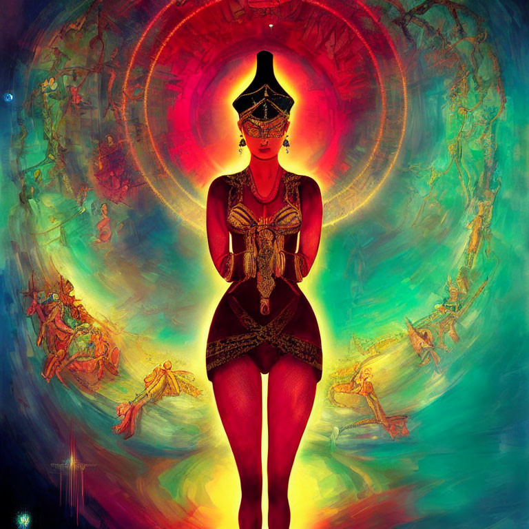 Colorful surreal artwork with central figure in ornate attire and mystical circular backdrop.