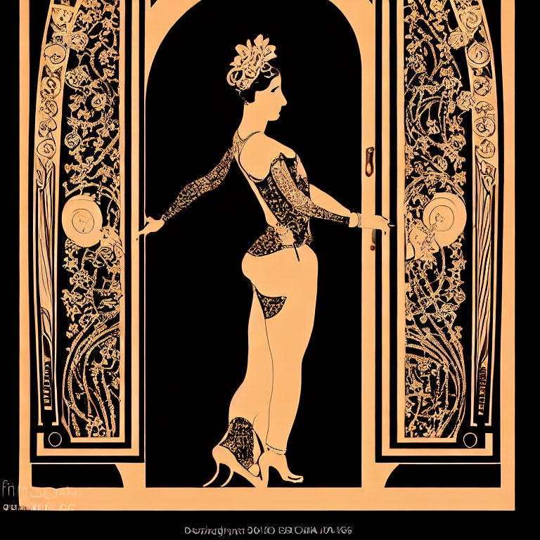 Art Nouveau Woman Illustration Opening Ornate Double Doors