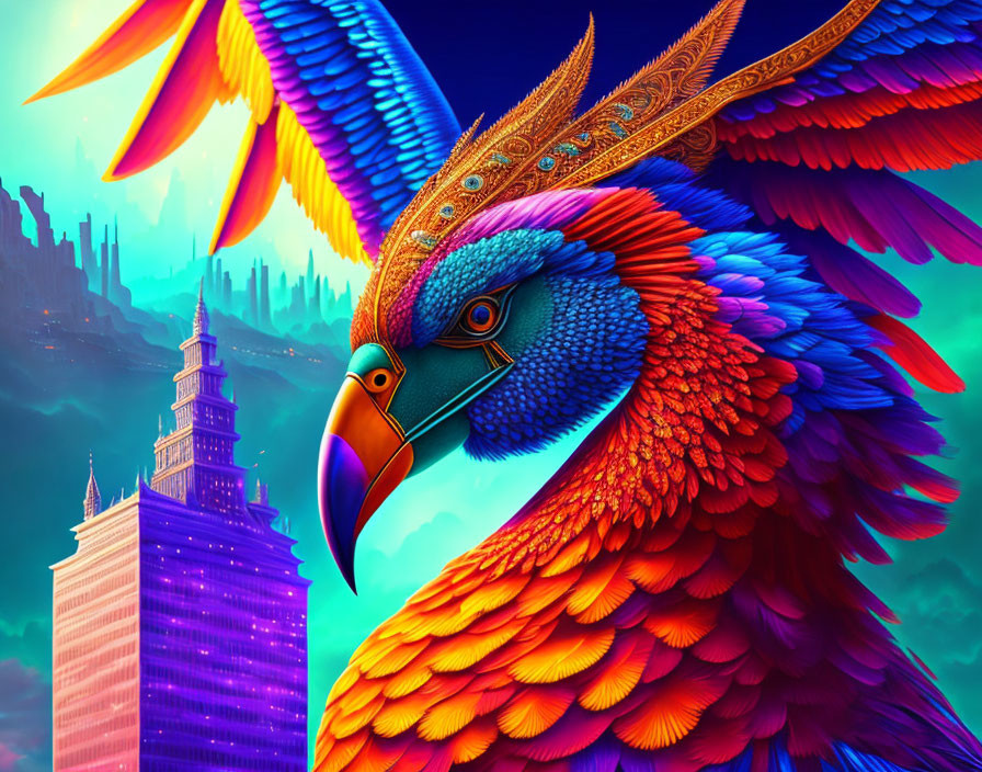 Colorful Fantastical Bird Soaring Over Surreal Cityscape