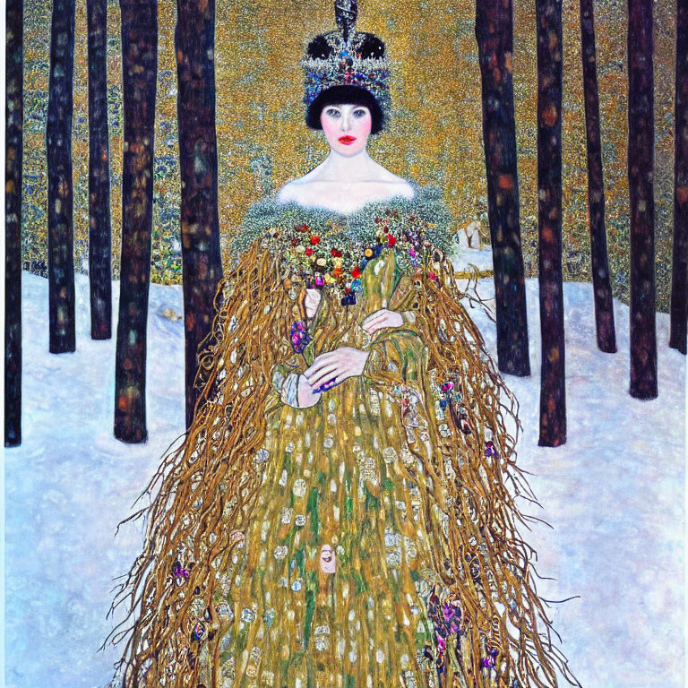 Woman in ornate gold dress in snowy forest with dark trees