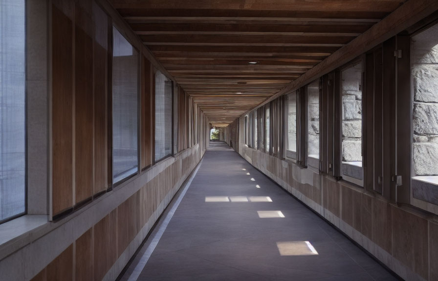 Contemporary hallway with wooden ceiling and stone walls under natural light.