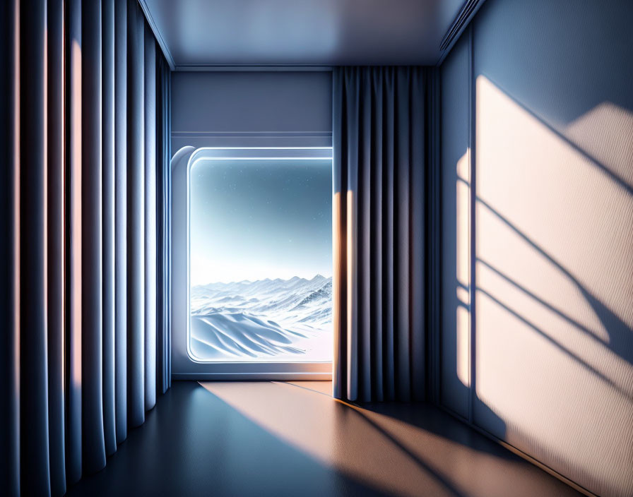 Snowy Mountain Landscape View Through Window with Blue Curtains