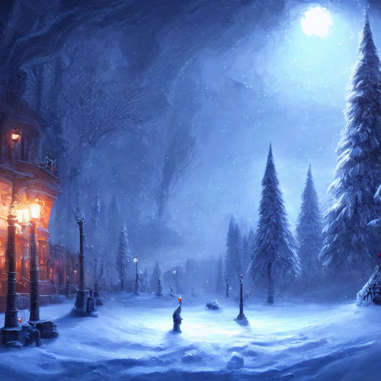 Snowy Evening Scene: Moonlit Forest, Street Lamps, and Buildings