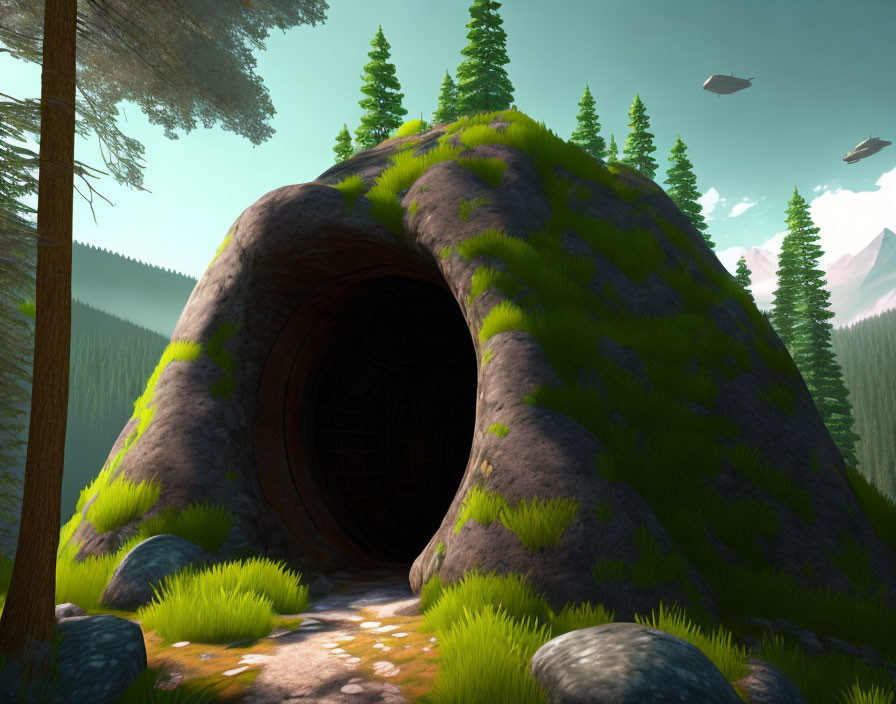 Mysterious tunnel entrance in lush green forest