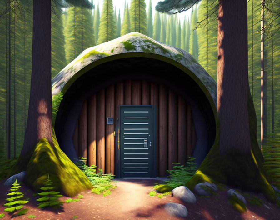 Illustration of moss-covered door in forest setting