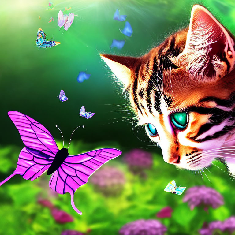 Colorful cat illustration mesmerized by blue-eyed butterflies in lush green setting