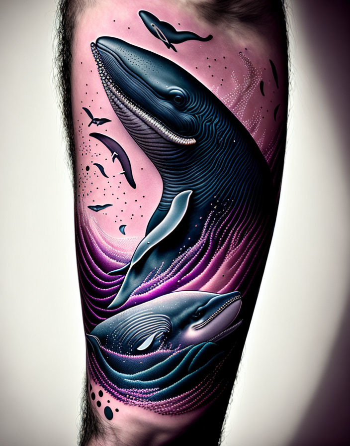 Colorful Whale Tattoo with Cosmic Background on Arm