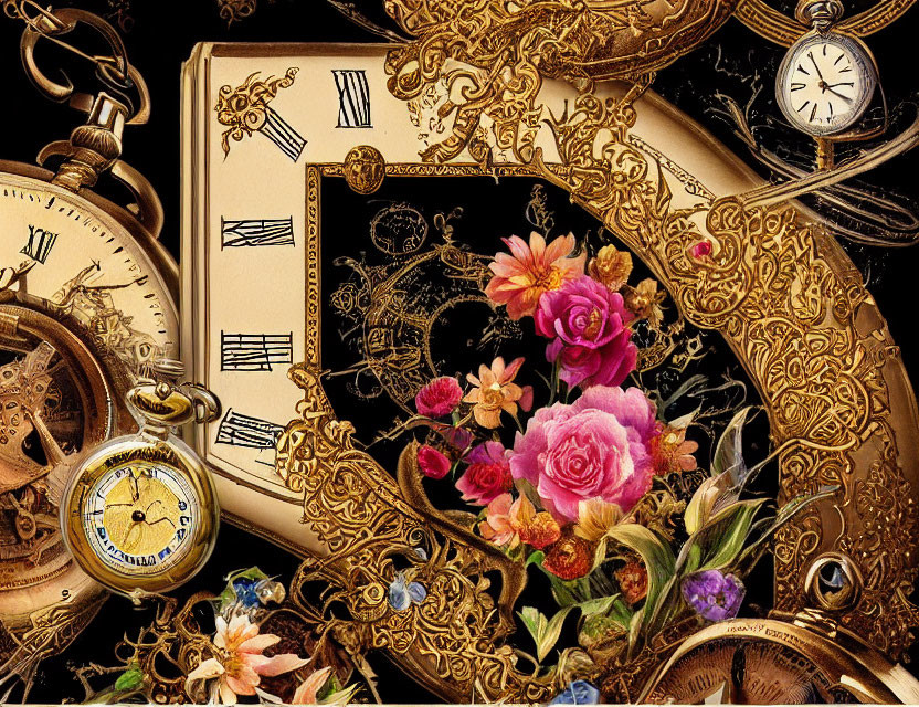 Vintage Pocket Watches, Frames, Flowers, and Musical Notes on Dark Background