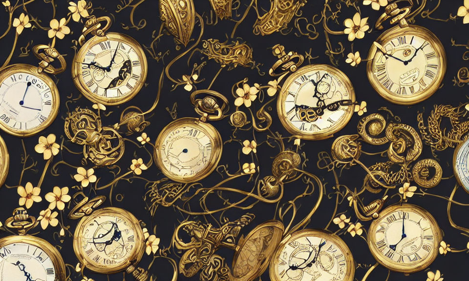 Golden pocket watches and floral motifs on dark navy background