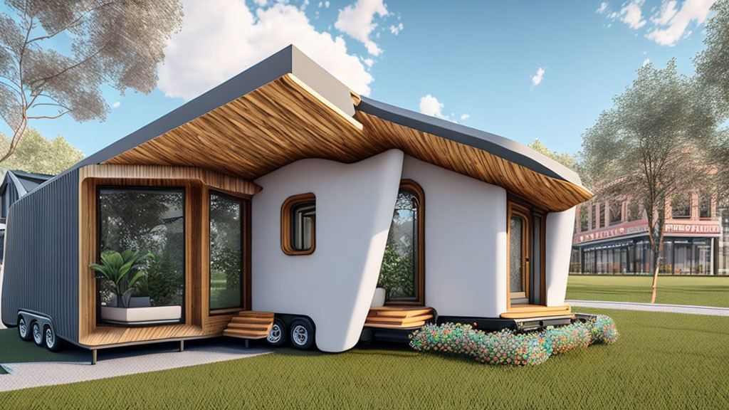 Sleek modern mobile home with wooden accents, large windows, small porch, parked in grassy