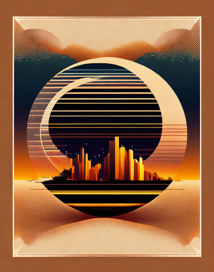 Retro-futuristic cityscape illustration in concentric circles on orange background