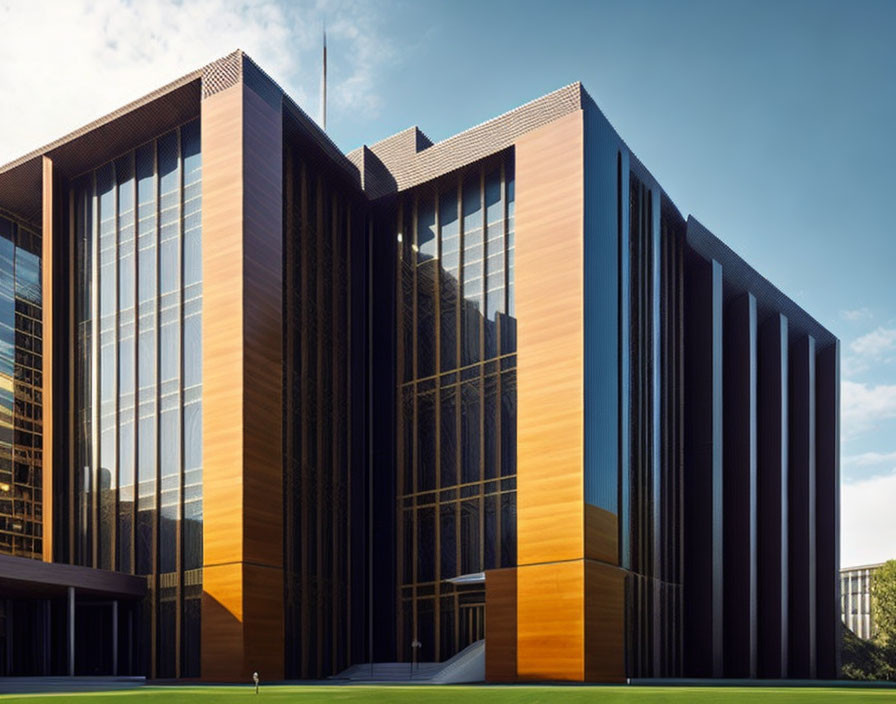 Geometric facade of modern building with glass and bronze-colored panels