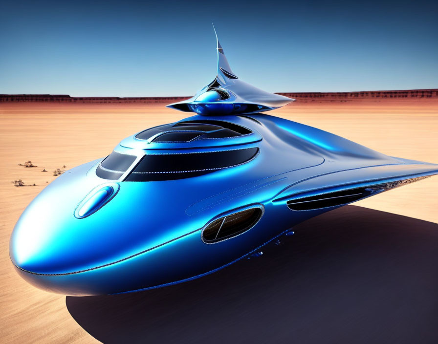 Blue futuristic spaceship on barren desert landscape under clear sky