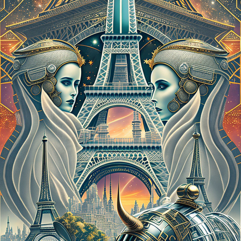 Mirrored female figures with Eiffel Tower backdrop under starry sky