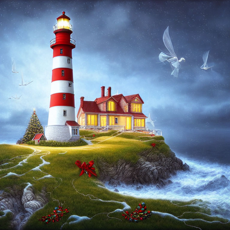 Festive lighthouse with wreath, illuminated house, seagulls, Christmas tree on cliff