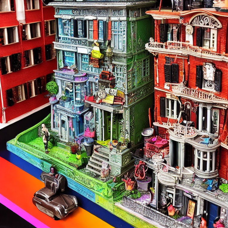 Detailed miniature model of vibrant urban street scene