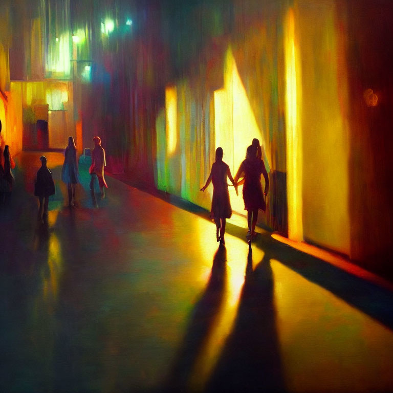 Vibrant painting of people with elongated shadows in urban setting