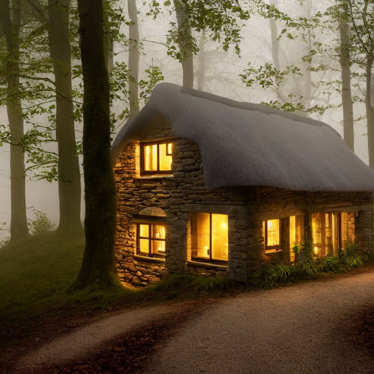 Thatched roof stone cottage in misty forest