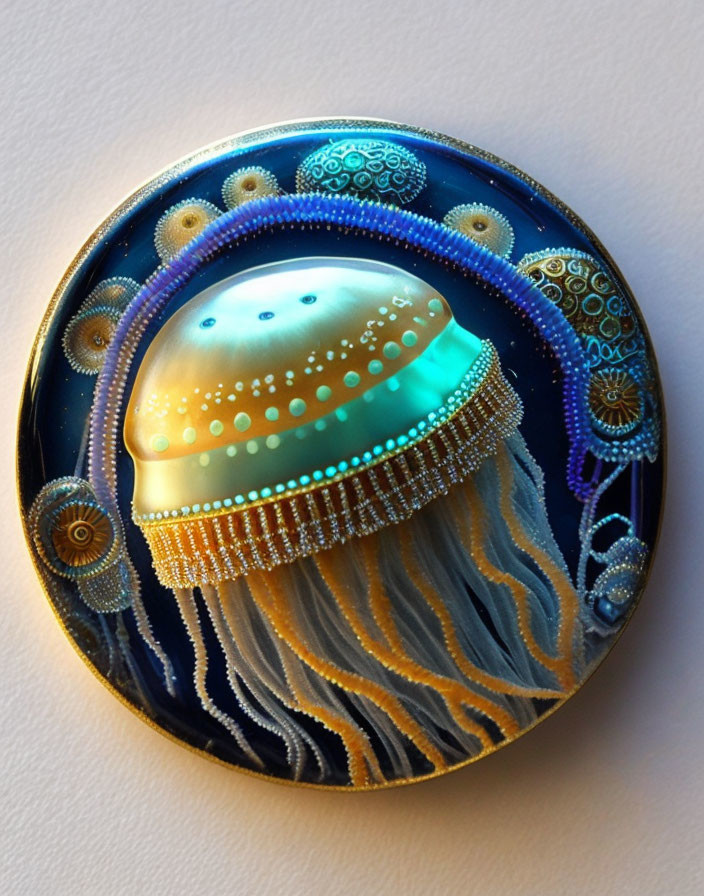 Stylized jellyfish pin with blue and gold hues on dark background