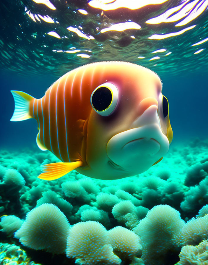 Colorful cartoon fish swimming near coral in clear blue water