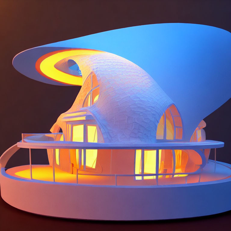 Modern illuminated house with flowing design and curved lines on dark background