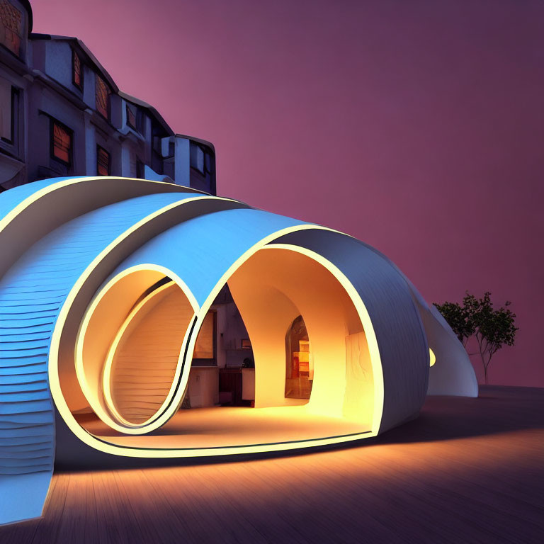 Wave-like modern building with layered arches and soft twilight illumination