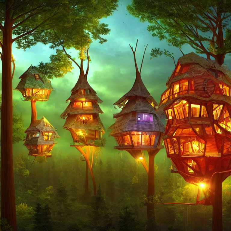 Enchanted Forest with Illuminated Treehouses in Twilight