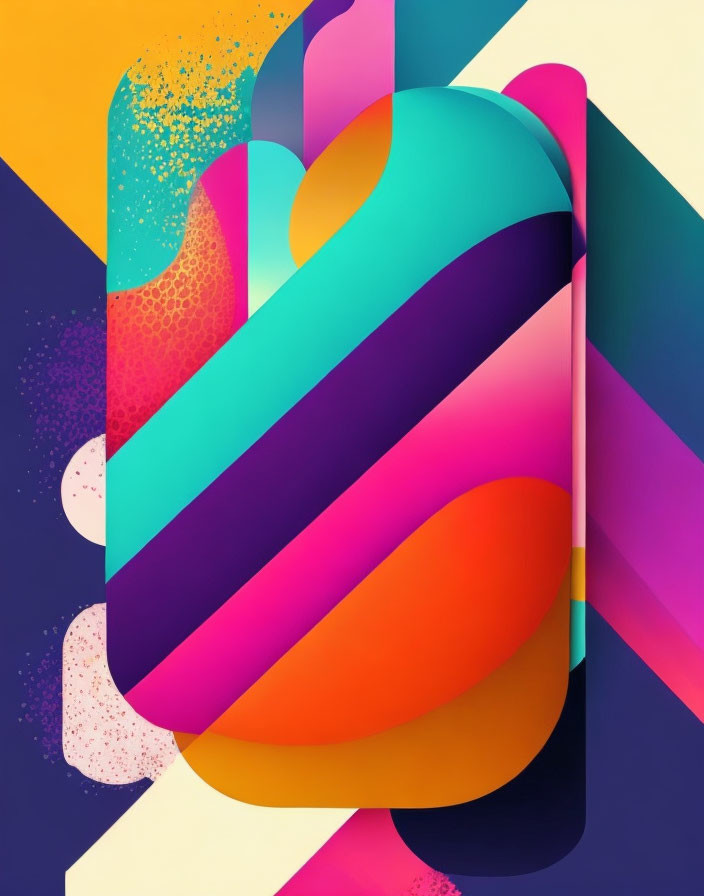 Vibrant abstract graphic with fluid shapes in pink, blue, and purple on geometric background