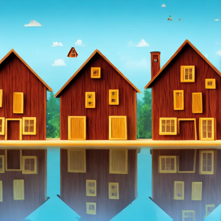 Stylized wooden houses with yellow windows reflected on calm blue water surface