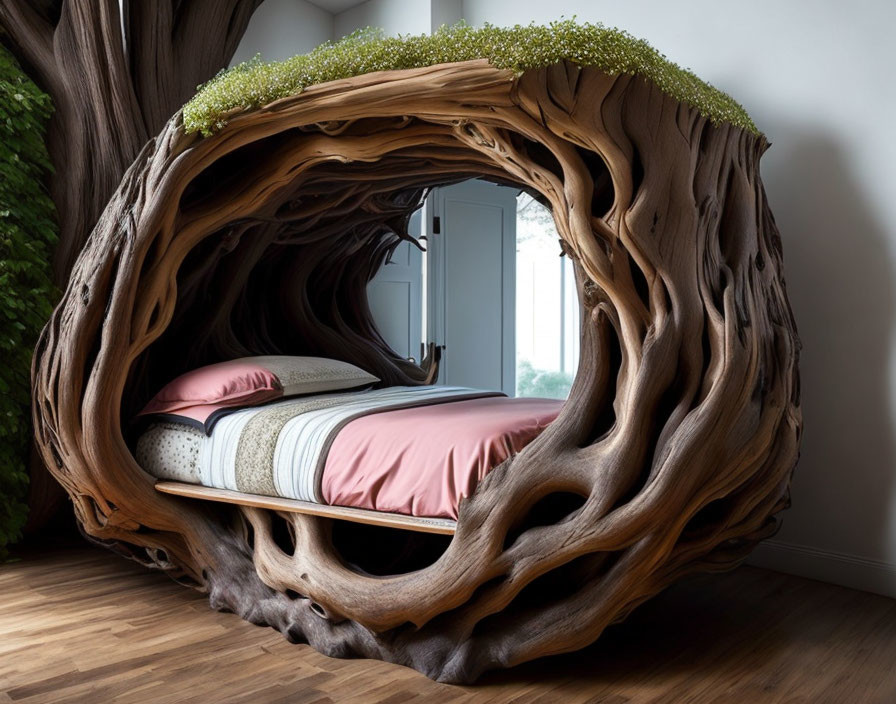 Wooden tree trunk bed with intricate details and small plant décor