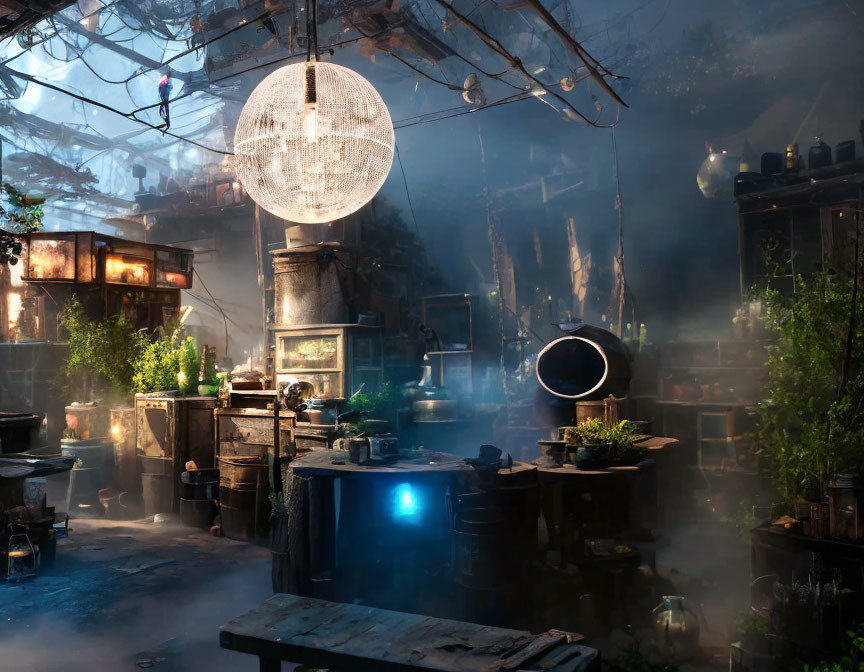 Eclectic Machinery and Greenery in Dimly Lit Workshop